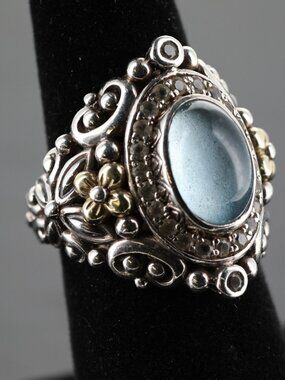 Barbara Bixby 925 Silver & 18K accents Shangri-La Blue & White Topaz Ring Size 6